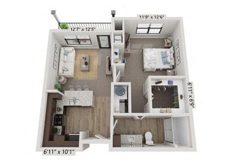 Floor plan for 1 bed, 1 bath, 658 sqft